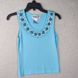 Joseph A Turquoise Beaded Sleeveless Knit Top Womens M Y2K Embellished Old money